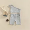 Kledingsets zomer kleine kinderen meisjes casual kleding vaste een schouder geribbelde korte mouw crop tops shorts peuter sportkleding outfits