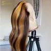 Ombre honung blond färgad vågig spets frontala mänskliga hår peruker före plockad hd transparent osynlig för svarta kvinnor brasilianska