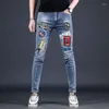 Herenjeans Harajuku Spring herfst gewassen blauw stretch patroon bedrukt originele magere lange stijlvolle denim broek voor mannen