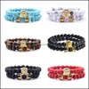 car dvr Beaded Strands 2 Pcs/Set Animal King Lion Head Tiger Eye Bracelet Black Natural Stone Crown Couple Braclet Sets For Men Hand Jewelr Dh1Rt