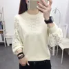Women's Sweaters Spring Autumn Bottoming Shirt Sweater Women's Lace Long-sleeved Stitching Round Neck Hollow Loose Knitted Top S-4XL 230301