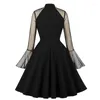 Casual Dresses Black Women Flare Sleeve Mesh Keyhole Elegant Ladies Party Knee Length A Line Skater Dress