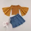 Clothing Sets 1-6years Girls Two Piece Outfits Solid Color Trumpet Sleeve T-Shirt And Frayed Raw Hem Denim Skirts Spring Fall Set