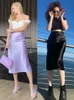 Restve Casual Women High Waisted Long Skirt Purple Satin Office Ladies Elegant s Solid Silk Midi Spring Summer 230301