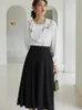 Skirts DUSHU Elegant Black Long Skirt Pleated Skirt Women Vitnage White High Waist Skirt Female Autumn Winter A-line Skirt 230301