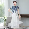 Parti Elbiseleri 2023 Geleneksel Cheongsam Mavi ve Beyaz Mürekkep Basılı Kadınlar Retro Çin tarzı Geliştirilmiş Qipao