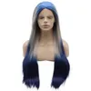 Long Gray Blue Ombre Wig Silky Straight Heat Friendly Synthetic Lace Front Two Tone Fashion Wig