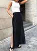 Taruxy Black Skirt Women Autumn Streetwear High Waisted Pencil Long s Dress Femme Casual Split Vintage Silk 230301