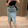 Etekler 2023 Kore tarzı elastik kalça çantası denim ince bölünmüş yüksek bel düğmesi kalem uzun kot pantolonlar Kirts seksi sokak kıyafetleri