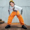 Scene Wear Hip Hop Dance Costume Long Sleeves Gitter Topps For Girls Loose Orange Cargo Pants Kids Ballroom Hiphop Clothes Rave BL7106