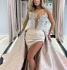 Exquisite Mermaid Prom Dresses Sleeveless V Neck Lace Satin Appliques Sequins Floor Length Bead Side Slit Diamonds Evening Dress Bridal Gowns Plus Size Custom 0431