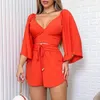 Sexy V-neck backless Women two piece pants sne0159 Solid color Horn sleeve and High-waisted shorts lady summer Casual fashion street suit