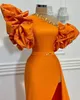 Aso ebi árabe elegante bainha laranja vestidos de noite Cristais Mangas curtas Vestidos de baile Festa formal Segunda recepção vestidos de recepção feita personalizada feita