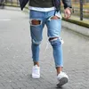 Mäns jeans 2023 män mode staplade mager rippade manliga coola denim slacks byxor hip hop retro pojkvän streetwear ljusblå