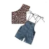 Clothing Sets 0-4Years Infant Baby Girls Kids Summer Outfits One Shoulder Leopard Print Tops Blue Denim Suspender Shorts Clothes