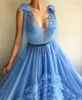 Abiti per feste Sky Blue Elegant Long Prom per appliques a v-scollo a piante Tulle a piante a più ginnastica da donna A-line da donna Plus size personalizzate