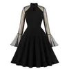 Casual Dresses Black Women Flare Sleeve Mesh Keyhole Elegant Ladies Party Kne Length a Line Skater klänning