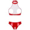 Bras Sets Women Wet Look Patent Leather Erotic Lingerie Set Sleeveless Halter Open Bust Backless Crop Top With Crotch High Cut Briefs