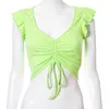 Women's Tanks V Neck Ruffle Sleeveless Tee Shirt Women Ribbed Sexy Drawstring Elegant Crop Tops 2023 Summer Female Cute Green Top