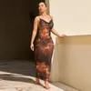 Casual Dresses Zabrina Se genom Mesh Long Dress Women Sexig rand Backless Loose Party Estetic Print Beachwear Kvinnkläder