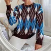 Women's Sweaters Fashion Geometric Blue Knitted Sweater Women O Neck Casual Argyle Lady Pullover Female Autumn Winter Retro Jumper