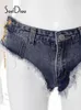 Pantalon de deux pièces pour femmes Soefdioo Blue Denim Chain Patchwork Halter Bikini Tops and Shorts Set Women Vêtements Summer Sexy Club Tenues 230228