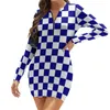 Casual Dresses Blue and White Checkerboard Dress Long Sleeve Vintage Checker Tryck estetisk sommar Sexig bodycon kvinnlig mönster o