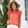 Été lâche couleur unie à volants femmes Blouses manches haut col en V vêtements t-shirt