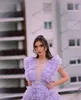 パーティードレス紫色のかなりエレガントなウエディングドレスハイスプリットフリルスリーブレースチュールティアライン女性長いセクシーなイブニングドレス