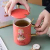 Tazas creativas de dibujos animados hermosa chica Taza de cerámica con tapa cuchara lindo café té leche tazas hogar bebida regalo único para niñas