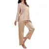 Kvinnors tvåbitar byxor Kvinnor Satin Party Pyjamas Set Woman 2 Pieces Pijamas Långärmad avslappnad hemkläder Spring Summer Pyjama Set Silk Slee