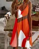 Casual Dresses Women's Fashion ColorBlock V-hals ärmlös spaghetti rem mini semester klänning 2023 sommar