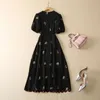 2023 Spring Black Hollow Out Embroidery Cotton Dress Short Sleeve V-Neck Midi Casual Dresses S3F281222 Plus Size XXL