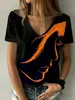 Top básico feminino com decote em v preto verão moda abstrata retrato impressão tee3d camisa plus size 230301