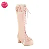 Winter Autumn Boots Knie Frauen süße hohe PU-Leder-Blockschuhe Bowtie Schnürung Lolita Prinzessin Lady Zipper Langes Fahren 82 464