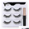 Falsche Wimpern 3 Paare Magnetischer flüssiger Eyeliner und Wimpern Natürliches gefälschtes Set Kleber Magnet Black Box Coloris Großhandel Make-up Drop Del Dhnrr