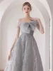 Elegant Grey Evening Dresses Off The Shoulder Sleeveless With Bow Sequined Applique Floor-length Party Formal Prom Gowns 2023