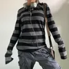 Femmes fée Grunge tricot chemise de base automne Y2K gris noir rayé à manches longues col rond hauts Emo Tee 230301