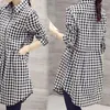 Kvinnors blusar All-Match Button Plaid Print Midi Shirt Kvinna 2023 Spring Autumn Korean Fashion Stricked Loose Long Sleeve Polo-Neck Blouse