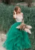 Bohemian puffy a-line ruffles bröllopsklänning 2 stycken elfenben och jägare långa brudklänningar spets applikation spaghetti sommarland brud klänningar 2023