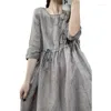 Casual Dresses Japanese And Korean Style Cotton Linen Summer Dress Women's Retro Loose Simple Drawstring Midi Skirt Slim Swing