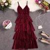 Casual Dresses Black Velvet Vintage Cake Dress Slim Sexy Spaghetti Straps V-Neck Women's Mid-Length Formal Banquet Evening Vestidos