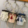 Evening Bags Chain Drum Bag Trendy Fashion Weave One Ring Handle Straw Single Shoulder Messenger Tassels Small Barrel Handbags