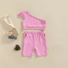 Clothing Sets Summer Little Kids Girls Casual Clothes Solid One Shoulder Ribbed Short Sleeve Crop Tops Shorts Toddler Sportwear Outfits