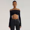 Women Shirts Short Sexy Off Shoulder Frill Front Mesh Long Sleeve Crop Tops See Through Blouses