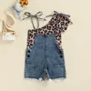 Clothing Sets 0-4Years Infant Baby Girls Kids Summer Outfits One Shoulder Leopard Print Tops Blue Denim Suspender Shorts Clothes