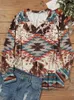 Vintage geometrische Grafik T-Shirt Mode Bluse V-Ausschnitt Tunika T-Shirt Langarm Top Azteken Ethno-Stil Western Pullover 230301