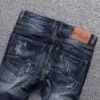 Herr jeans italiensk stil mode retro mörkblå elastisk smal fit rippad streetwear vintage designer denim pants hombre y2303