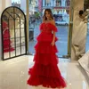 Party Dresses Red Beautiful Elegant Prom Dress Cap Sleeves Spetsapplikationer Tulle Tiered Long A-Line Women Evening Gowns Custom Made 2023