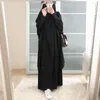 Ethnic Clothing Arabic Two Piece Prayer Dress Kimono Black Open Satin Nida Abaya Islam Muslim For Women Modest Wrap Dubai Turkey Robe